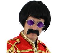 Pop Sergeant Fancy Dress Costume Kit - 1960s Rockstar Accessory - Short Wig, Circle Frame Glasses and Stick on Moustache - Purple