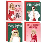 Pop Star Christmas Card Multipack - 12-Pack Funny Celebrity Xmas Cards for Friends & Family - 4 Designs - Printed on 300gsm card in A6 - Red envelope - FSC-approved - Festive Pop Culture