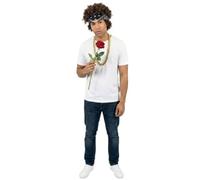 Pop Star Singer Costume Set - White T Shirt, Black Bandana, Black Afro Wig, Gold Chain & Red Rose Flower - Music Tour Romance Fancy Dress Outfit for Concerts Tours Halloween