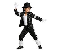 Pop Super Star Costume 7PCS Set for Boys Kids 80s 90s Disco Outfit Retro Black Sequin Jacket Trousers Hat Glove, Stage Outfit Pop Star Costume Halloween Dance Performance (12-13 Years)