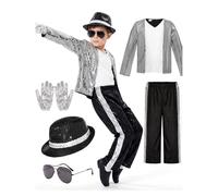 Pop Super Star Costume 7PCS Set for Boys Kids 80s 90s Disco Outfit Retro Black Sequin Jacket Trousers Hat Glove, Stage Outfit Pop Star Costume Halloween Dance Performance (7-9 Years)