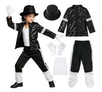 Pop Super Star Costume 7PCS Set for Boys Kids 80s 90s Disco Outfit Retro Black Sequin Jacket Trousers Hat Glove, Stage Outfit Pop Star Costume Halloween Dance Performance