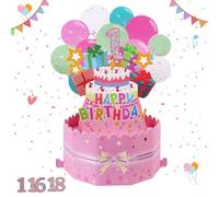 Pop Up 1st Birthday Card, First Birthday 3D Popup Cards Greeting Cards, Happy Birthday Cake Balloons Pop-Up Greeting Card with Envelop, Pink 3D Pop Up Happy Birthday Cards for Baby, Gril,Daughter