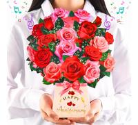 Pop Up Anniversary Card with Lights & Music, 12 Inch Paper Rose Bouquet Greeting Cards with Note Card & Envelop, Happy Anniversary Cards for Women, Popup Wedding Anniversary Card Gifts for Wife