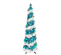 Pop Up Artificial Blue Christmas Tree, 5FT Collapsible with 90 LED Lights, Tinsel Small Pencil Tree for Home Holiday Fireplace Party Indoor Outdoor Xmas Decorations