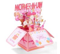 Pop up Birthday Card, Pink 3D Birthday Gift Box Balloon Star Firework Pop up Gift Box with Envelope Greeting Card for Mother-in-Law