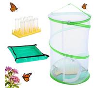 Pop-Up Butterfly Habitat Kit with Waterproof Mat & Milkweed Tubes - Collapsible Easy-Viewing Mesh Butterfly Growing Cage Enclosure Kit for Monarch Caterpillars, STEM Learning for Home, Classrooms