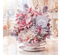 Pop Up Christmas Card, 3D Pink Floral Teacup Holiday Greeting Cards with Envelope, Christmas Bouquet Cards for Women Mom Friends Table Decor