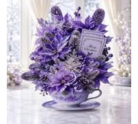Pop Up Christmas Card, 3D Purple Floral Teacup Holiday Greeting Cards with Envelope, Christmas Bouquet Cards for Women Mom Friends Table Decor