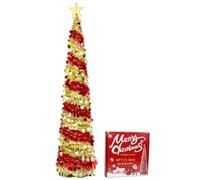Pop up Christmas Tree 6FT Slim Christmas Tree 180cm Artificial Christmas Tree with Topper Star,Collapsible Pop Up Red Gold Colored Xmas Tree for Holiday Indoor Home Party Decor