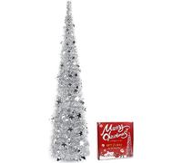 Pop up Christmas Tree 6FT Slim Christmas Tree Artificial Christmas Tree Collapsible Pop Up Silver Colored Tinsel Xmas Tree for Holiday Indoor Home Party Decor