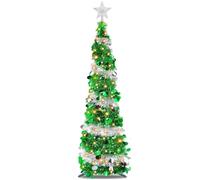Pop up Christmas Tree with Lights, 5FT/1.5M Collapsible Artificial Christmas Tree with Topper Star, Prelit Pre Silver Tinsel Pencil Trees Decoration for Indoor Home Apartment Porch Party