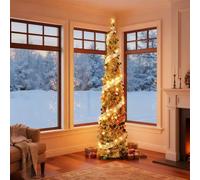 Pop Up Christmas Tree with Lights, 5FT/150CM Collapsible Gold Tinsel Xmas Tree with Red-Green Sequins - Slim Corner Christmas Tree for Modern Holiday Décor, Apartments, Dorms, Office,Home Decor