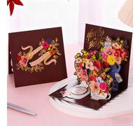 Pop Up Greeting Card, Vintage Hand-Drawn Floral Design with Foil Accents | Layered pop-up paper art, Matte dark brown cardstock, Multicolor hand-drawn florals, Foil-finished accents