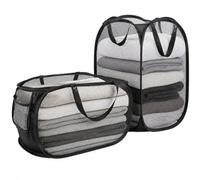 Pop Up Laundry Basket, Collapsible Mesh, Black, Pack of 2 | 2 mesh hampers with reinforced handles,folds to 20 x 3cm for laundry, dorms, travel and small space storage