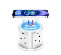 Pop Up Plug Socket with 15W Magnetic Wireless Charger,20W USB C Fast Charging Power Strip,3.94'' Hole Worktop Socket,4 Way Outlets,4 USB Ports,2m Extension Cable (White, 20W USB)