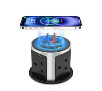 Pop Up Plug Socket with 15W Magnetic Wireless Charger,20W USB C Fast Charging Power Strip,3.94'' Hole Worktop Socket,4 Way Outlets,4 USB Ports,2m Extension Cable (Black, 20W USB)