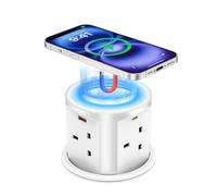 Pop Up Plug Socket with 15W Magnetic Wireless Charger,65W USB C Fast Charging Power Strip,3.94'' Hole Worktop Socket,4 Way Outlets,4 USB Ports,2m Extension Cable (White, 65W USB)