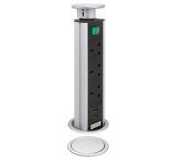 Pop Up Power Socket with 2 USB Charging Ports, Silver Top, 3 UK Plug Sockets Power Strip Hidden Kitchen Worktop P8083