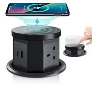 Pop up Power Sockets with 15W Wireless Fast Charger, Touchscreen Automatic Pop up with 3 x UK Plugs, 1x USB & 1x Type C Port, Aluminum Alloy Material, for Home Office Kitchen Worktops Desktop (Black)