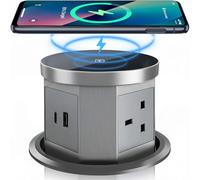 Pop up Power Sockets with 15W Wireless Fast Charger, Touchscreen Automatic Pop up with 3 x UK Plugs, 1x USB & 1x Type C Port, Aluminum Alloy Material, for Home Office Kitchen Worktops Desktop