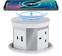 Pop up Power Sockets with 15W Wireless Fast Charger, Touchscreen Automatic Pop up with 3 x UK Plugs, 1x USB & 1x Type C Port, Aluminum Alloy Material, for Home Office Kitchen Worktops Desktop (White)