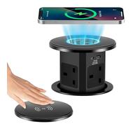 Pop Up Socket, Automatic Pop Up Power Outlet with 15W Wireless Fast Charger, PD 20W Type C Port, USB-A, 4 UK Plug Extension Outlets, Recessed Power Strip for Kitchen Worktops Desktop Home Office