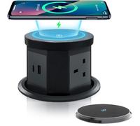 Pop up Socket for Kitchen Worktops, 15W Wireless Fast Charger, 3 UK Plugs 1 USB & 1 Type C Port, Automatic Hidden Socket, for Home Office Kitchen