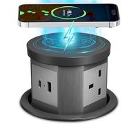 Pop Up Socket for Worktop, 4.33 Inch Automatic Hidden Power Socket with 15W Wireless Charger, 3 AC Sockets, USB-A & USB-C, for Kitchen, Office & Home (Grey)