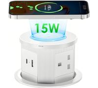 Pop up Socket, Pop up Power Sockets with 15W Wireless Fast Charger, Safe Touchscreen Automatic Pop up Extension Socket with USB & Type C Port for Home Office Kitchen Worktops Desktop (White)