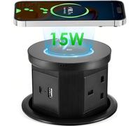 Pop up Socket, Pop up Power Sockets with 15W Wireless Fast Charger, Safe Touchscreen Automatic Pop up Extension Socket with USB & Type C Port for Home Office Kitchen Worktops Desktop (Black)