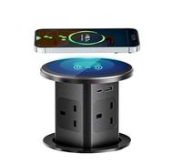 Pop up Socket, Pop up Sockets for Kitchen Worktops Automatic Pop up Power Outlet with 15W Wireless Charger, 7 in 1 Pop up Outlet for Desk Countertops, 4 * AC Outlet, 1 * USB-A, 1 * USB C