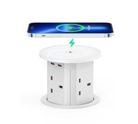 Pop Up Socket with 15W Wireless Charger, Haylink Recessed Power Socket with 4 UK Plug, 3 USB Ports, 2M Cable, Desk Plug Socket for Kitchen, Office Desk, Conference Room, White