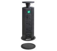 Pop-Up Socket with 2 USB Charging Port, Black Top, 3 UK Plug Sockets