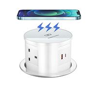 Pop Up Sockets for Kitchen Worktops, Hidden Recessed Desk Power Socket with USB C, Multi Plug Extension Sockets 4 Outlets 1 USB A with Wireless Charging, Worktops Socket 13A/3250W, 120MM Hole, White