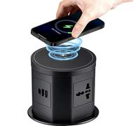 Pop Up Sockets for Kitchen Worktops, Touchscreen Automatic, 4 x UK Plugs, 2x USB-A, 1x Type-C Port Hidden Recessed Desk Power Extension Socket with 15W Wireless Fast Charger for Worktops Desktop