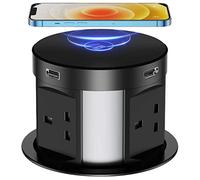Pop Up Sockets for Kitchen Worktops with Wireless Charging, Pop Up Plug Socket with USB, Recessed Desk Power Outlet 4 UK Plug, 2 USB, 1RJ45 Port, 1 HDMI Port for Office and Home
