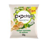 Popchips Sour Cream & Onion Crisps 16 × 50 g - Popped, Not Fried Potato Chips - Gluten-Free, Vegetarian - 99 kcal/23 g - No Artificial Colours or Flavours - Eco-Friendly Reduced Packaging