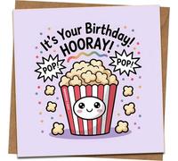 Popcorn Birthday Card - Cute Kawaii ‘It’s Your Birthday Hooray’ - 145mm x 145mm Square Greeting Card with Kraft Envelope - Fun Pop Pop Design for Kids, Teens & Adults