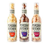 Popcorn Kitchen Gourmet Popcorn Gift Set, 3 Bottles - Salted Caramel, Chocolate Orange, White Chocolate & Raspberry.