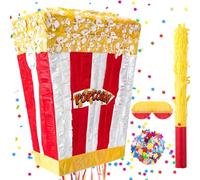 Popcorn Pinata Large Circus Piñata with Stick Hanging Loop Blindfold Star Confetti for Birthday Carnival Circus Party Video Movie Night Holiday Celebration Baby Shower Supplies 15 × 11.8 × 5.9 Inches