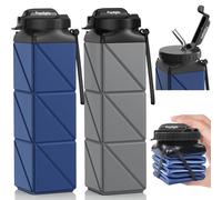 Popdigito 2pcs Collapsible Water Bottles,BPA-Free Silicone Foldable Water Bottle Upgrade Leakproof Lid,Reusable Lightweight Sport Water Bottles For Travel Camping Hiking Outdoor,Dark Blue+Dark Gray
