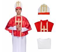 Pope Costume Outfit Full Set,Cardinal Costume Outfit with Pope Hat,Priest Costume,Red Gold Satin Shawl with White Robe for Halloween,Casual (Red+White, L)