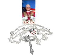 Pope Leo Rosary Glass Beads Crucifix American Flag Shield Prayer Card Gift | Features Saint Augustine Medal Silver Tone Chain Ideal for Confirmation Baptism Keepsake