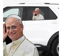 Pope Leo XIV Waving with Smile 12" Perforated Ride-A-Long Laminated See-Thru Window Decal attaches to Rear Side car Window. Made in USA.