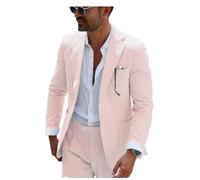 PopEle Leisure Mens Striped Seersucker Slim Fit Suit Grooms Lightweight Sear Sucker Suit for Wedding, Pink, S