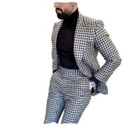 PopEle Premium Mens Big Pattern Houndstooth Dogstooth Plaid Slim Fit Tuxedo Prom Wedding Sport Coat, Jacket+Pants/White, L