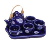 POPETPOP 12 Scale Miniature Dollhouse Tea Set 6pcs Japanese Style Ceramic Tea Pot and Cups in Navy Blue for Dollhouse Decoration and Pretend Play Accessories