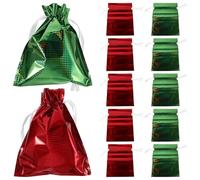 POPETPOP 12Pcs Holographic Foil Drawstring Bags Set - 24X32Cm Red and Green Glitter Pouches for Christmas Candy, Party Treats, Holiday Wrapping and Festival Presents