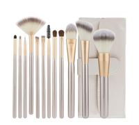 POPETPOP 12pcs Rice White Nylon Makeup Brush Set with Wood Handles and Carrying Bag, Includes Foundation, Powder, Mascara, and Eyebrow Comb Brushes for Professional Cosmetic Application